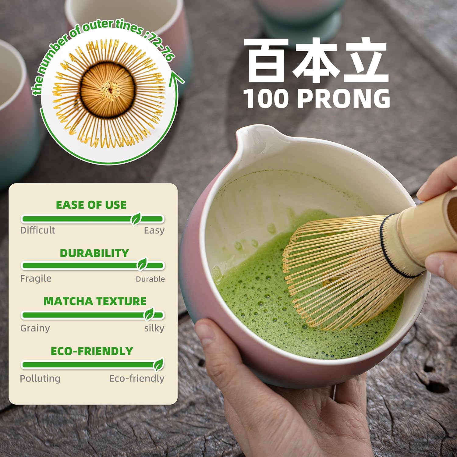 TEANAGOO Fouet à matcha, Kit matcha rose, Kit matcha dégradé rose, Ensemble fouet à matcha pour préparer le petit-déjeuner et des boissons lactées
