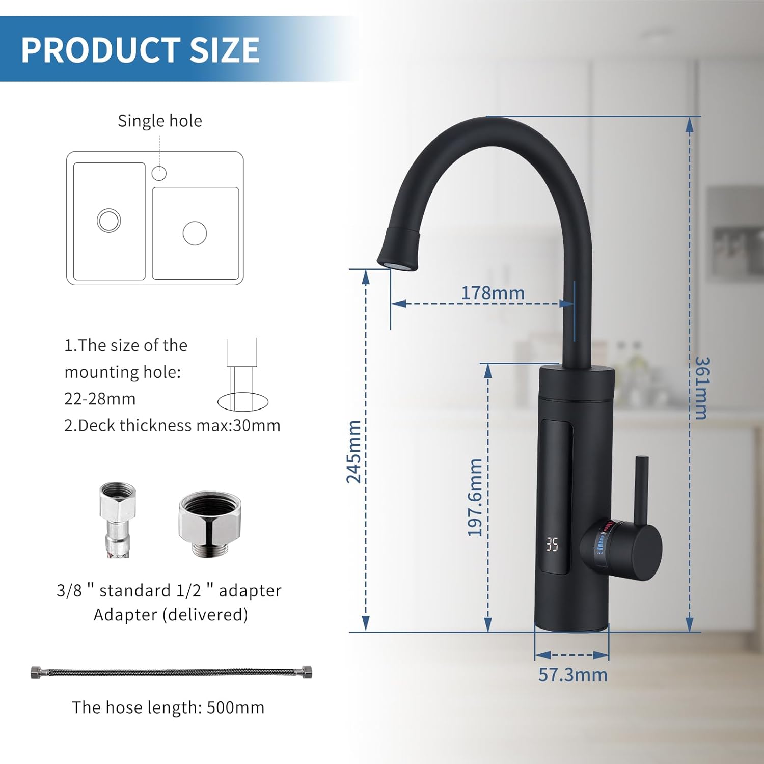 HOMELODY Robinet électrique avec chauffe-eau instantané 230 V, chauffe-eau de cuisine, robinet de cuisine LED, robinet électrique en acier inoxydable - Noir mat