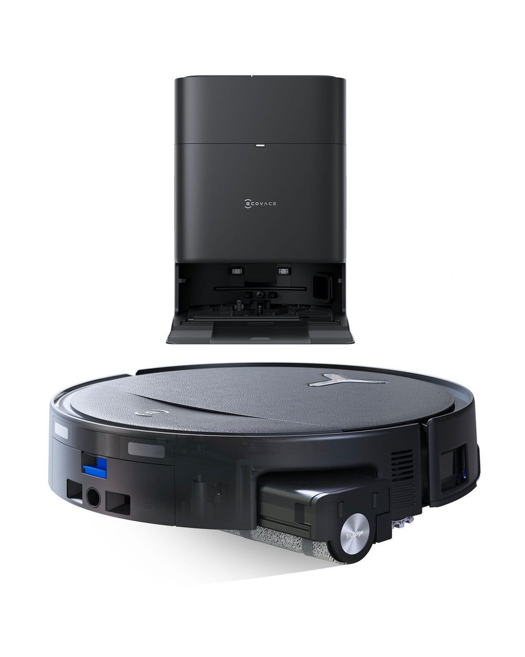ECOVACS T80S Robot aspirateur-laveur (Noir) avec station OMNI tout-en-un, puissance d’aspiration jusqu’à 24 800 Pa, OZMO ROLLER 2.0 avec nettoyage extrême des bords TruEdge 3.0