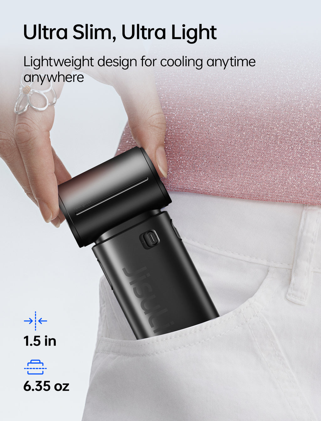 JISULIFE Ventilateur souffleur portable 9S Turbo – Équipé d'une batterie robuste de 5000 mAh pour une autonomie impressionnante de 22 heures, doté de 5 réglages de vitesse variables