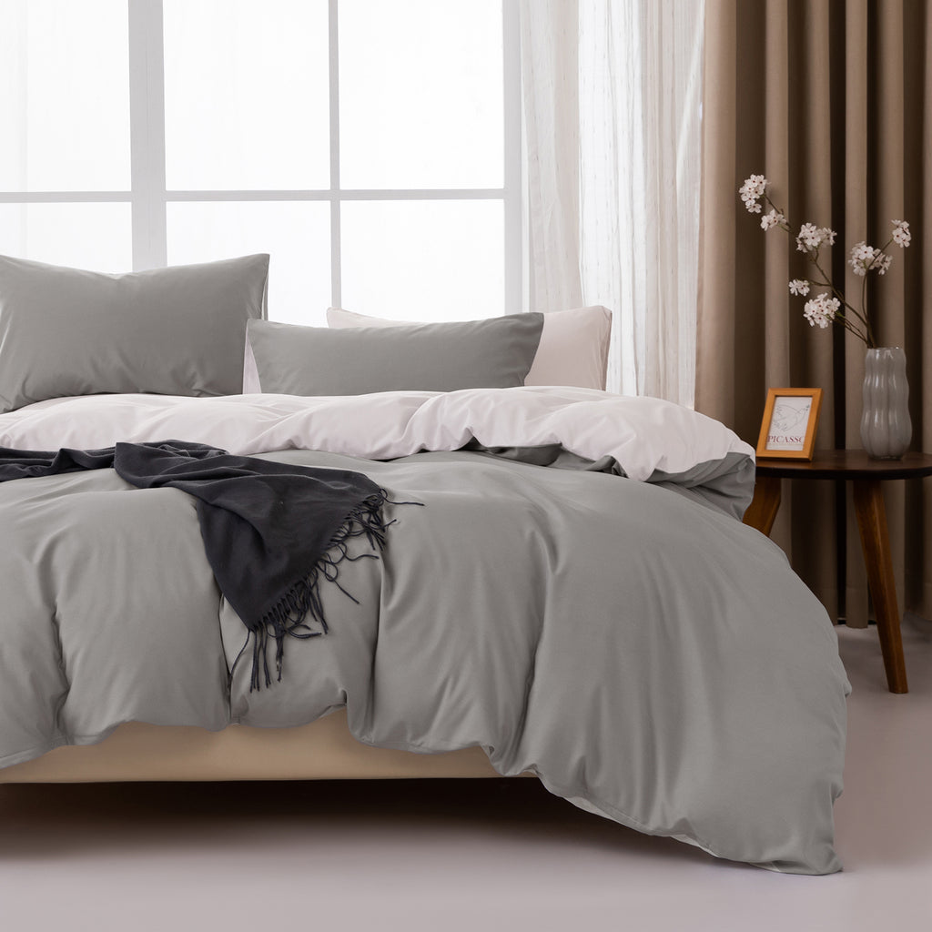 MENDALE Parure de couette - Parure de lit premium - Housse de couette 260*240 cm avec taie d'oreiller 65*65 cm - Microfibre douce brossée - Gris foncé & blanc cassé