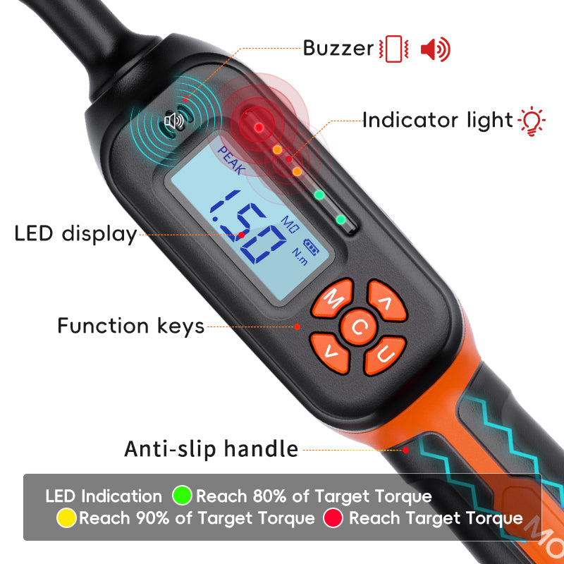 Clé dynamométrique numérique professionnelle Movecrab, entraînement 1/4", 0,6-12 N.m ±2 %, haute précision, affichage LED, triple alarme (Nm/in.lb/ft.lb/kg.cm), vibration