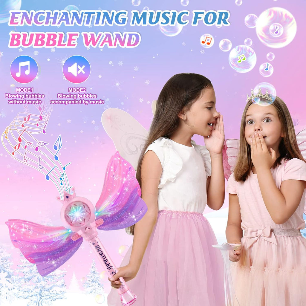 Jouet machine à bulles baguette magique de princesse, Baguette souffleur de bulles automatique avec lumière LED musique et couronne à ailes, Cadeau de jouet fabricant de bulles fée rose pour filles et enfants fête en plein air