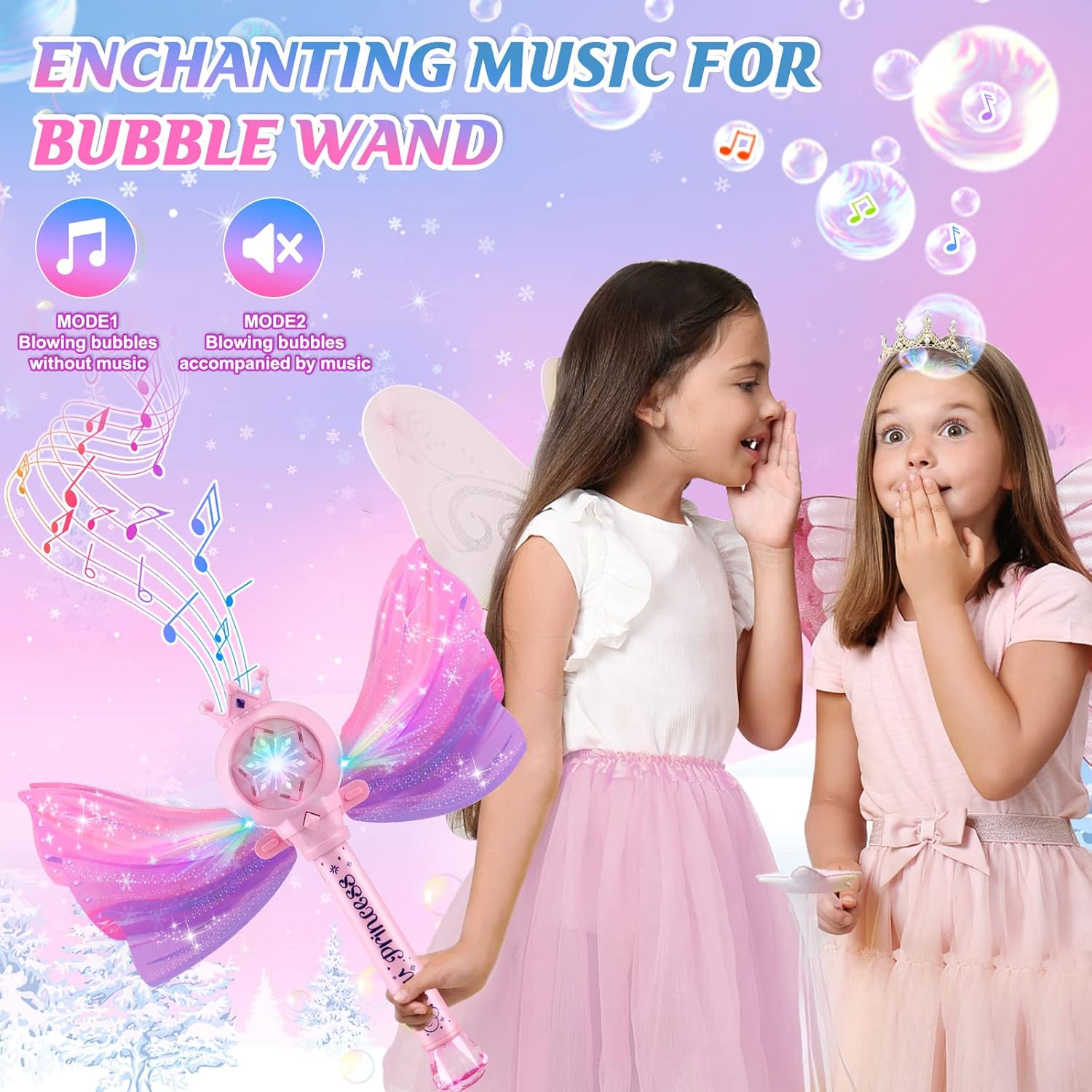 Jouet machine à bulles baguette magique de princesse, Baguette souffleur de bulles automatique avec lumière LED musique et couronne à ailes, Cadeau de jouet fabricant de bulles fée rose pour filles et enfants fête en plein air