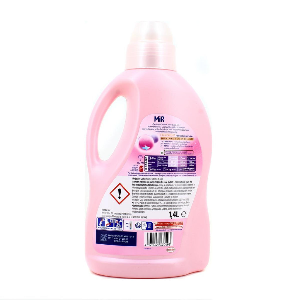 MIR Lessive liquide pour laine, laine et délicats, toucher cachemire, 28 lavages, 1,4 L