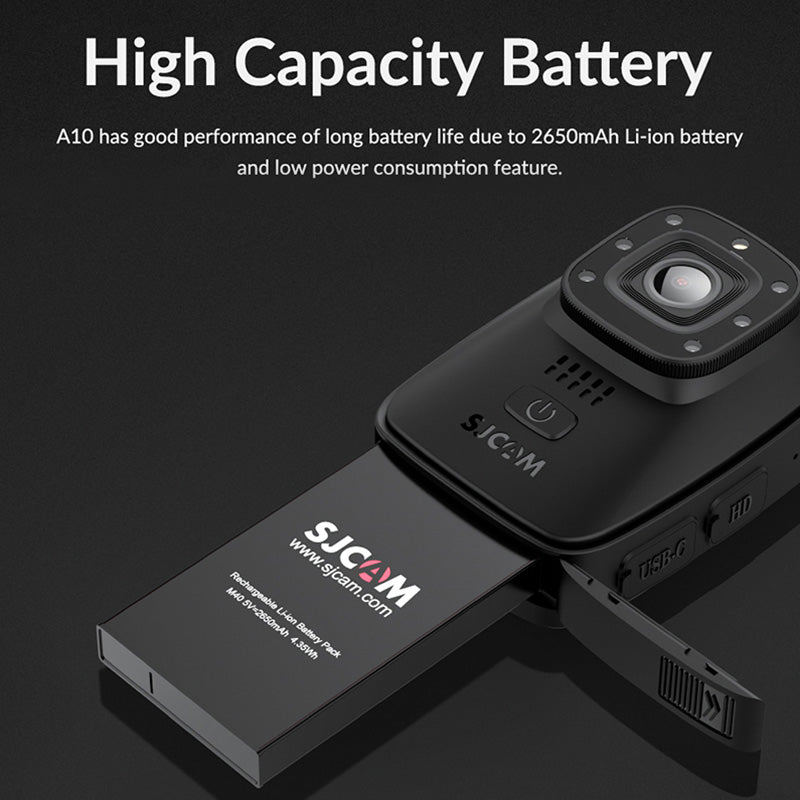SJCAM A10 Caméra-piéton et caméra embarquée automobile avec vision nocturne, Étanche IP65, Autonomie 450 min, Grand angle 140°, Photo 12 MP, Wi-Fi 2,4 GHz