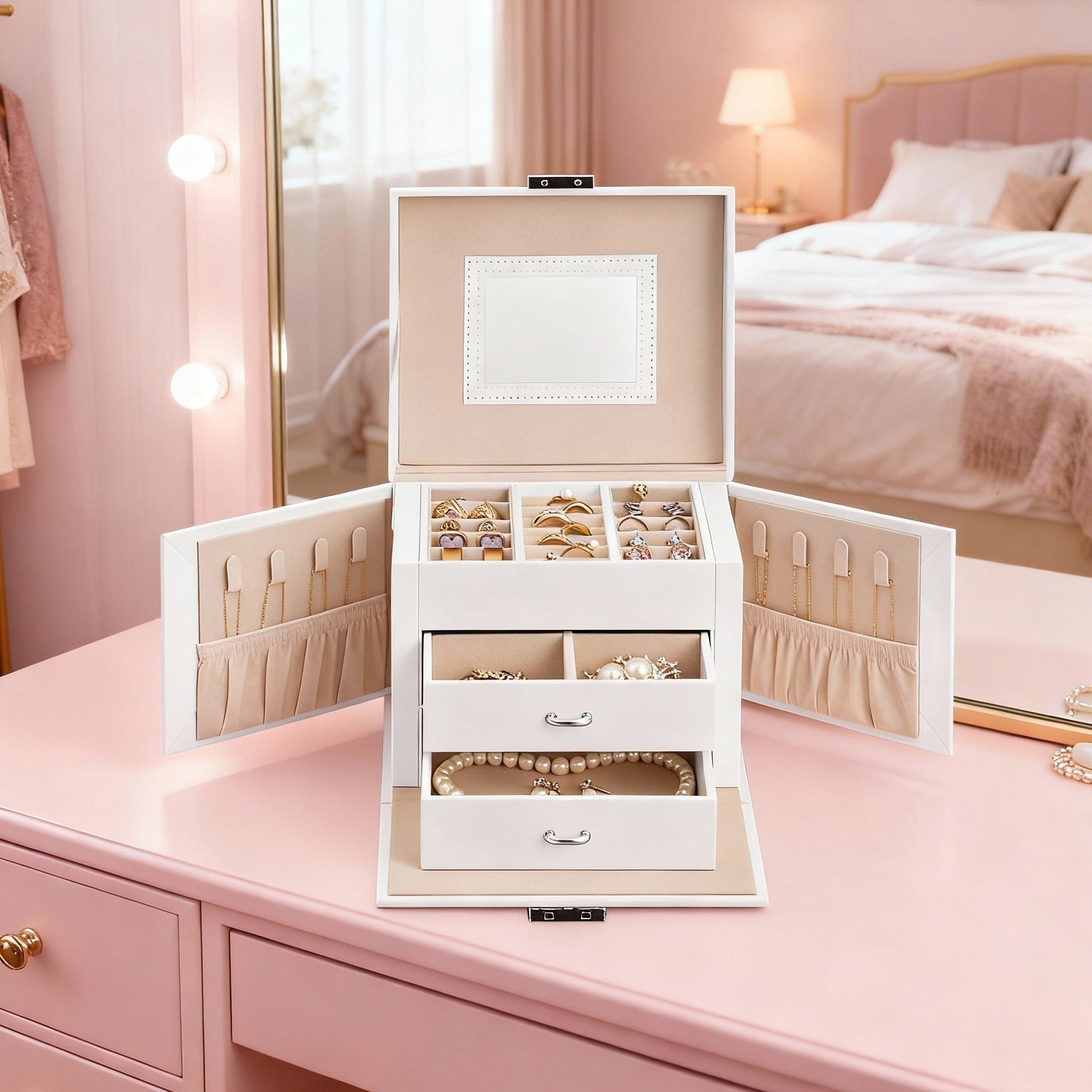 JOYFURNOS Boîte de voyage pour bijoux avec miroir, 2 tiroirs, verrouillable, idée cadeau, blanc