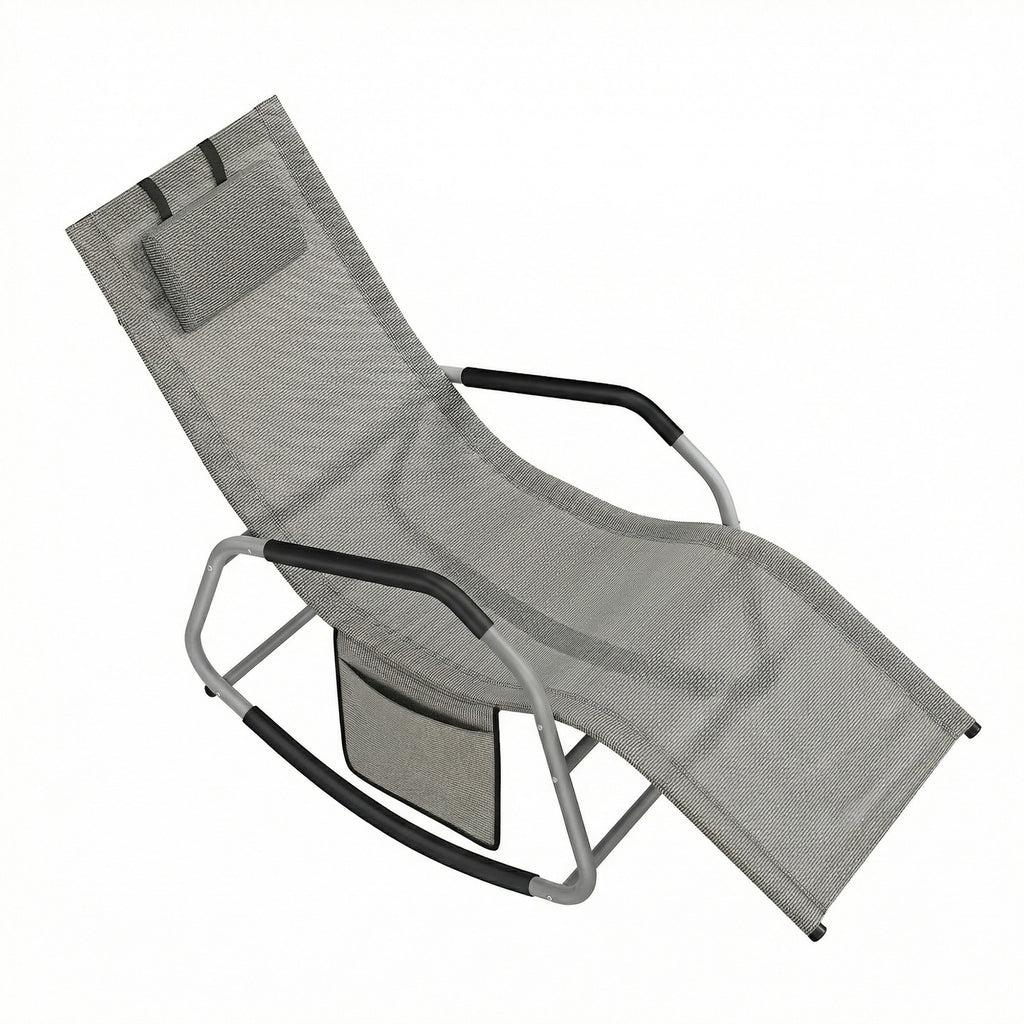JOYFURNOS Chaise Relax de Jardin, Fauteuil à Bascule avec Poche, Cadre en Acier, Tissu Respirant, Gris Tourterelle