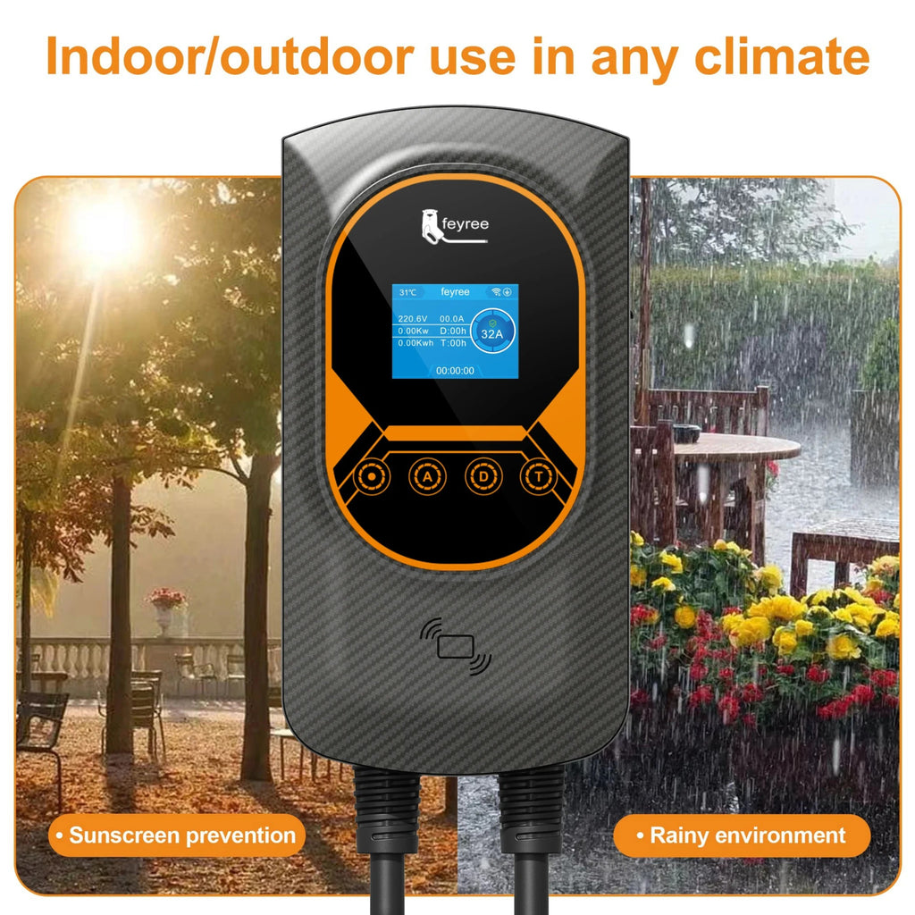 Feyree Borne de recharge murale pour véhicule électrique 11 kW 32 A Chargeur de voiture électrique mural Câble Type 2 Contrôle par application Wi-Fi