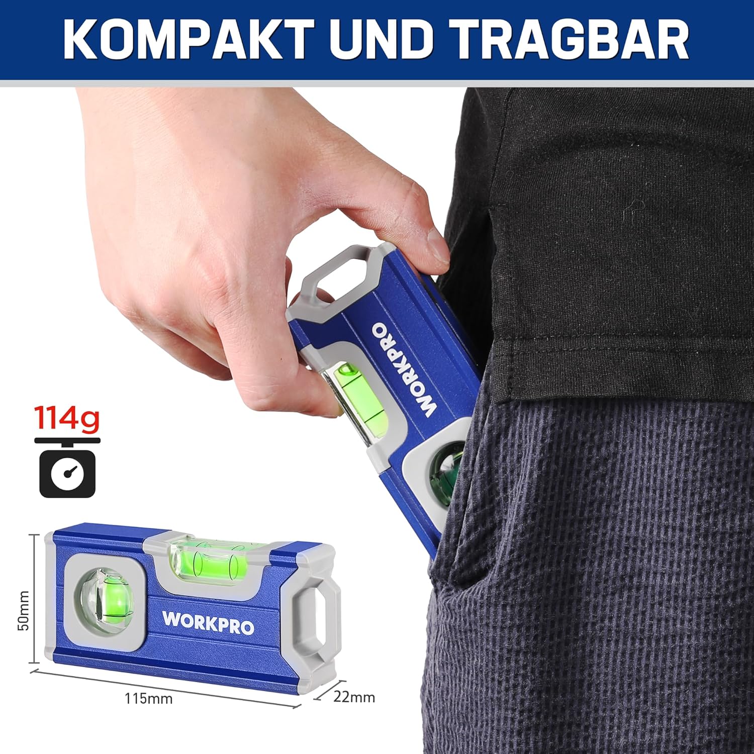 WORKPRO Mini niveau à bulle magnétique en alliage d'aluminium avec trou de suspension et aimant puissant 115 mm, 2 niveaux 90°/180°