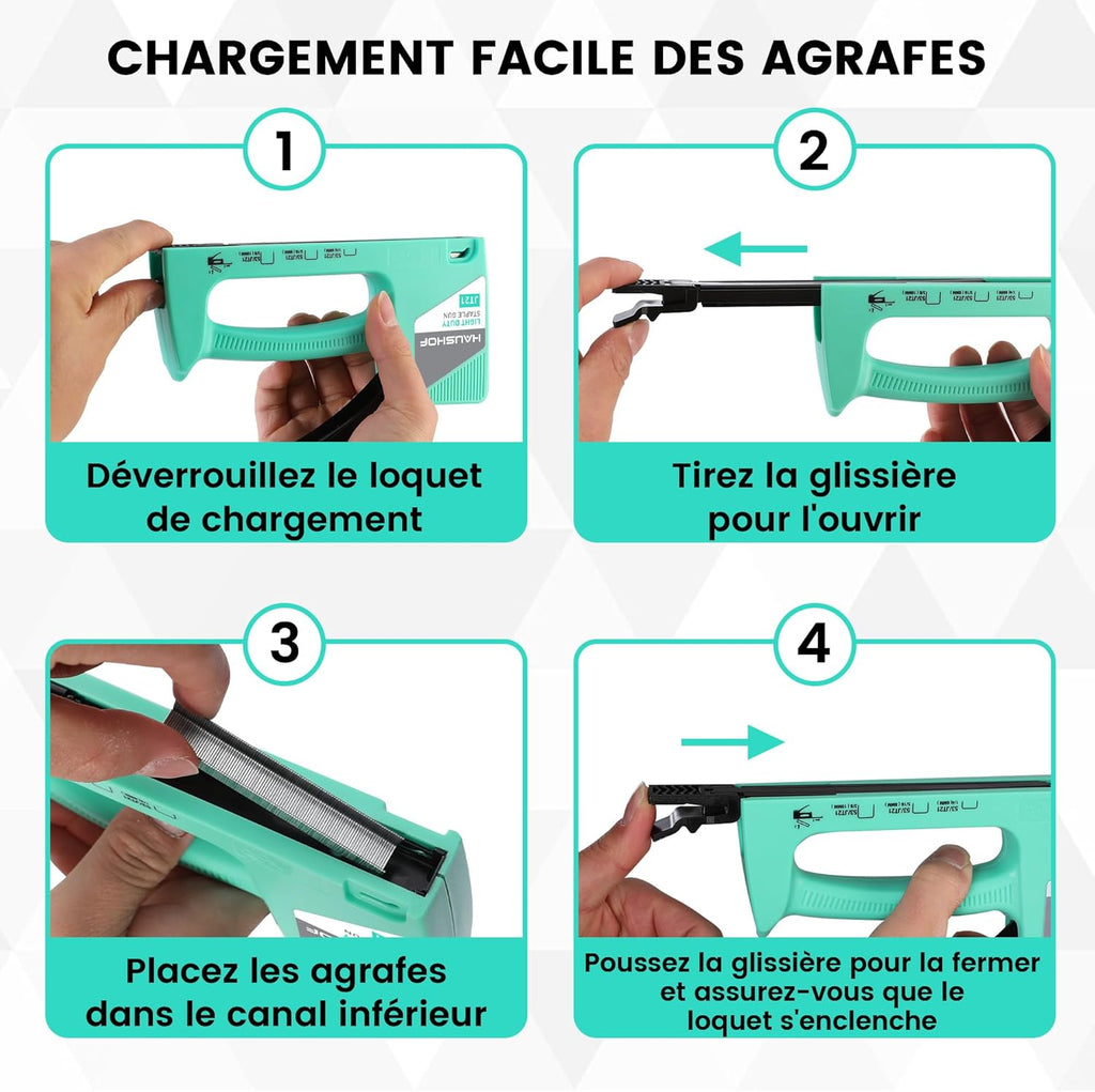 HAUSHOF Pistolet agrafeur manuel vert, Agrafeuse pour tapisserie et bois pour agrafes type 53, avec 800 agrafes de 8 mm et extracteur d’agrafes pour bois, tissu, meubles