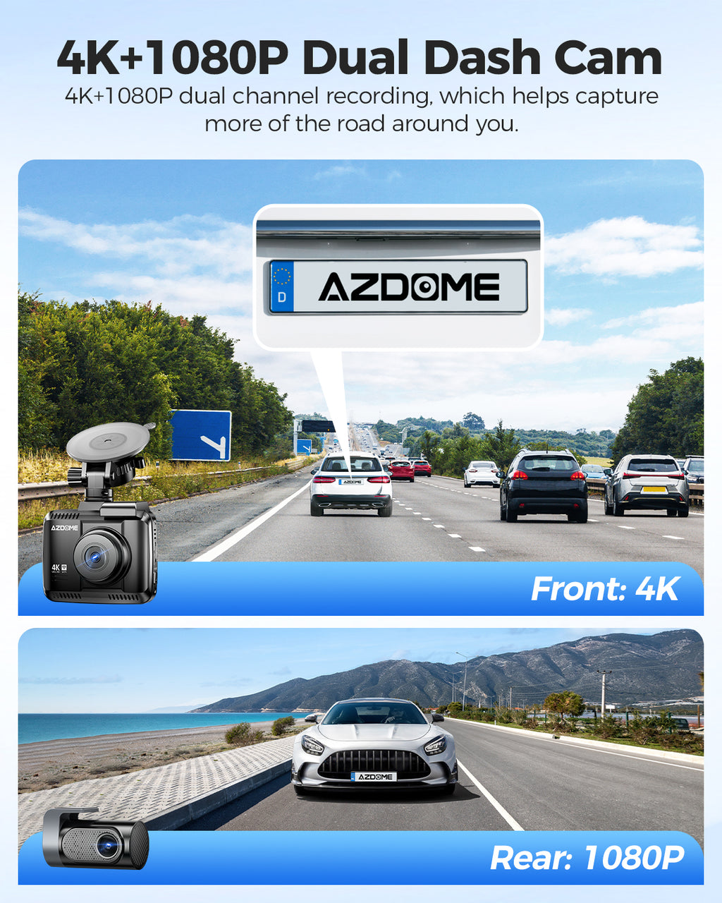 AZDOME GS63H Pro Caméra embarquée de voiture 4K avant et arrière avec GPS, Wi‑Fi et technologie Starvis