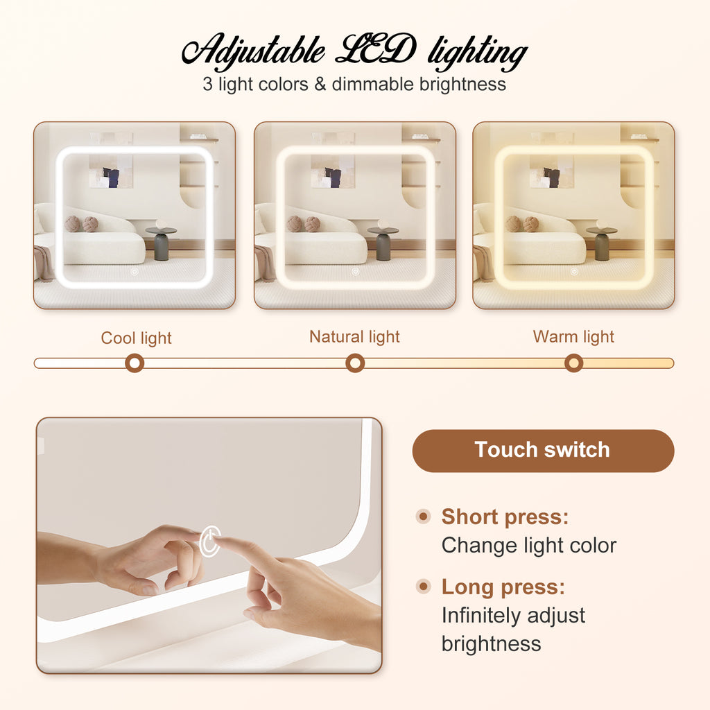 GTIMEX Table de maquillage, table de maquillage avec éclairage LED, grand miroir haute résolution, 7 compartiments de rangement ouverts, 1 grand tiroir, 3 tiroirs latéraux