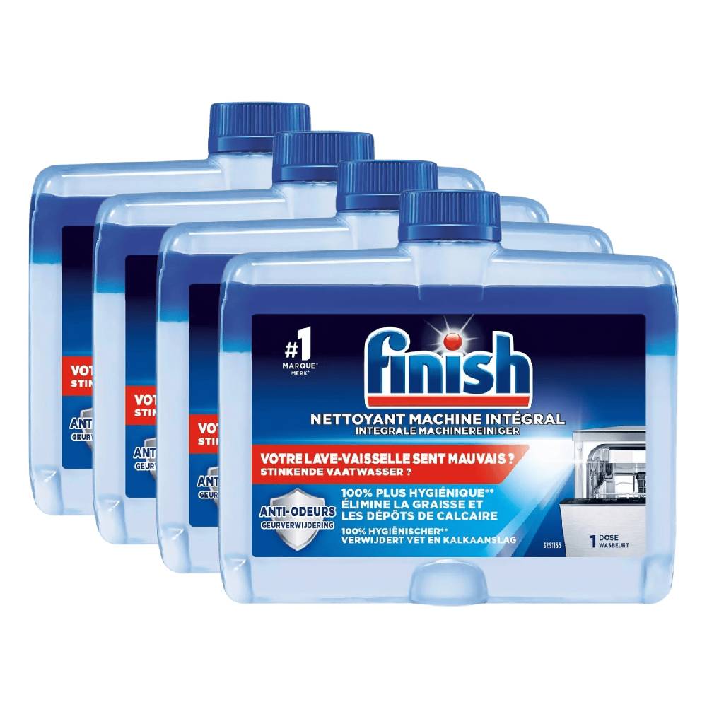 Finish Nettoyant Lave-vaisselle Nettoyage en Profondeur Éliminateur d'Odeurs Sans Parfum 4 x 250 ml (= 1 L)