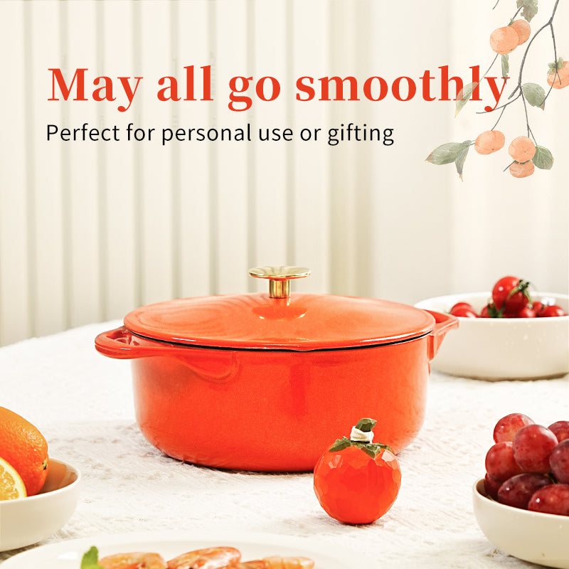 Guiheqi Édition limitée - Cocotte en fonte émaillée à double anse, fond plat, pression douce - 22 cm, 3 L - Orange vermillon kaki