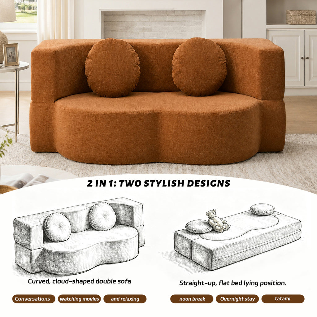 Canapé-lit 2 places avec accoudoirs larges, 2 coussins et mousse haute densité, pour salon, orange