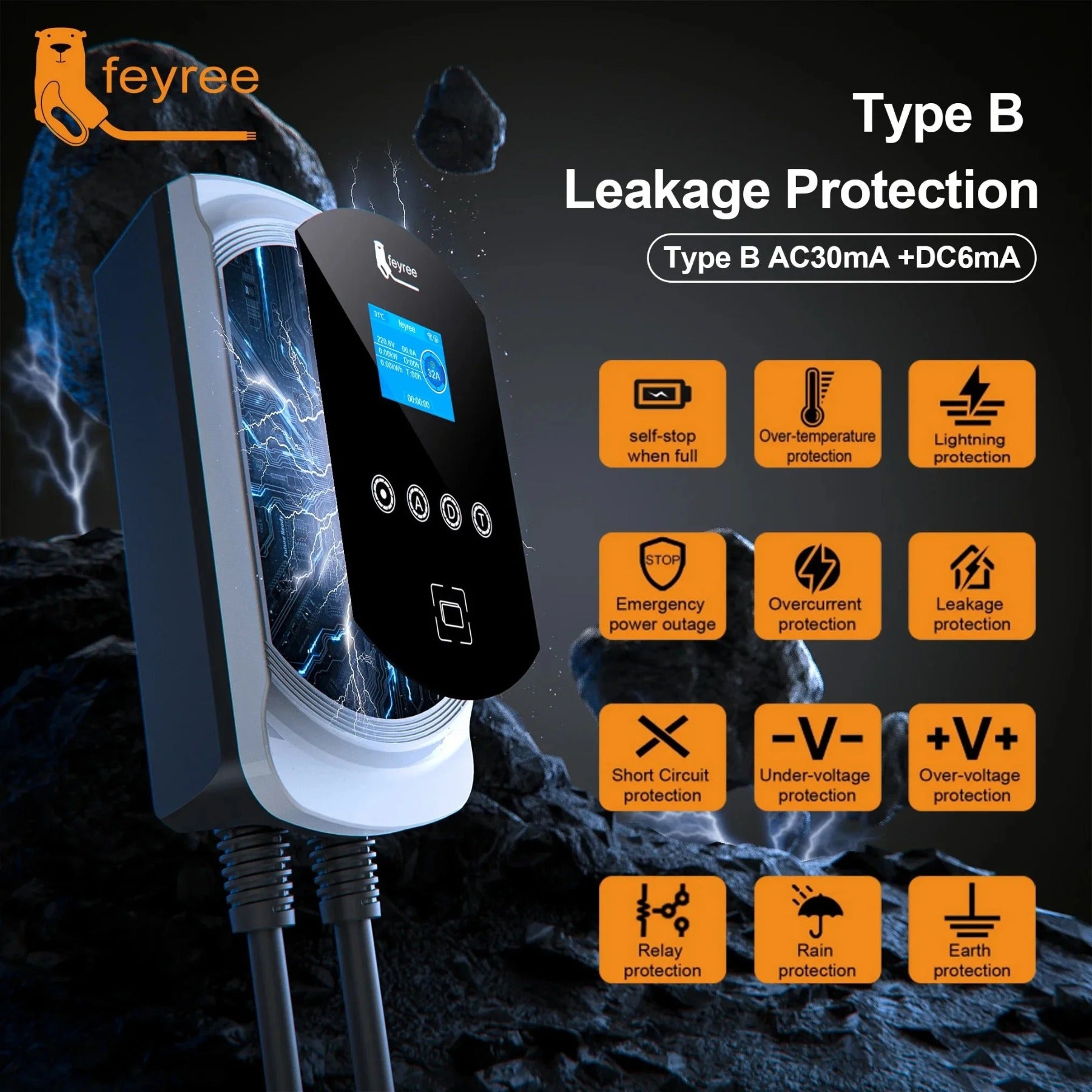 feyree Chargeur EV Type 2 32 A 7,6 kW 1P Équilibrage dynamique de la charge Modèle EVSE Wallbox Fonctionnalité d’application Wi-Fi intelligente pour voitures électriques