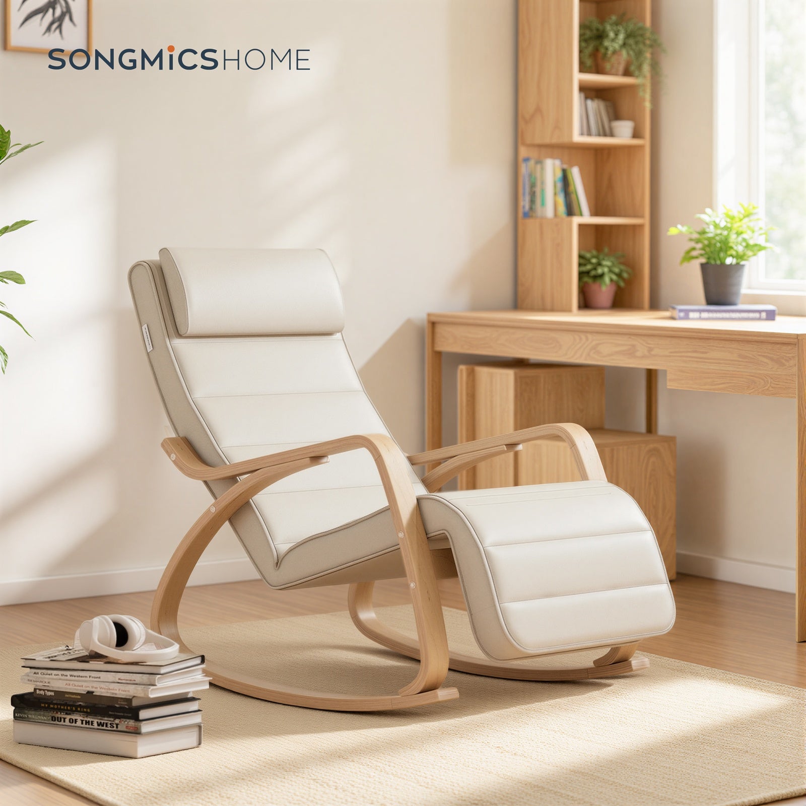 JOYFURNOS Fauteuil à bascule Beige En bois de bouleau Avec repose-pieds réglable Et housse amovible 121,5*65*84 cm Fauteuil de détente Pour salon ou chambre