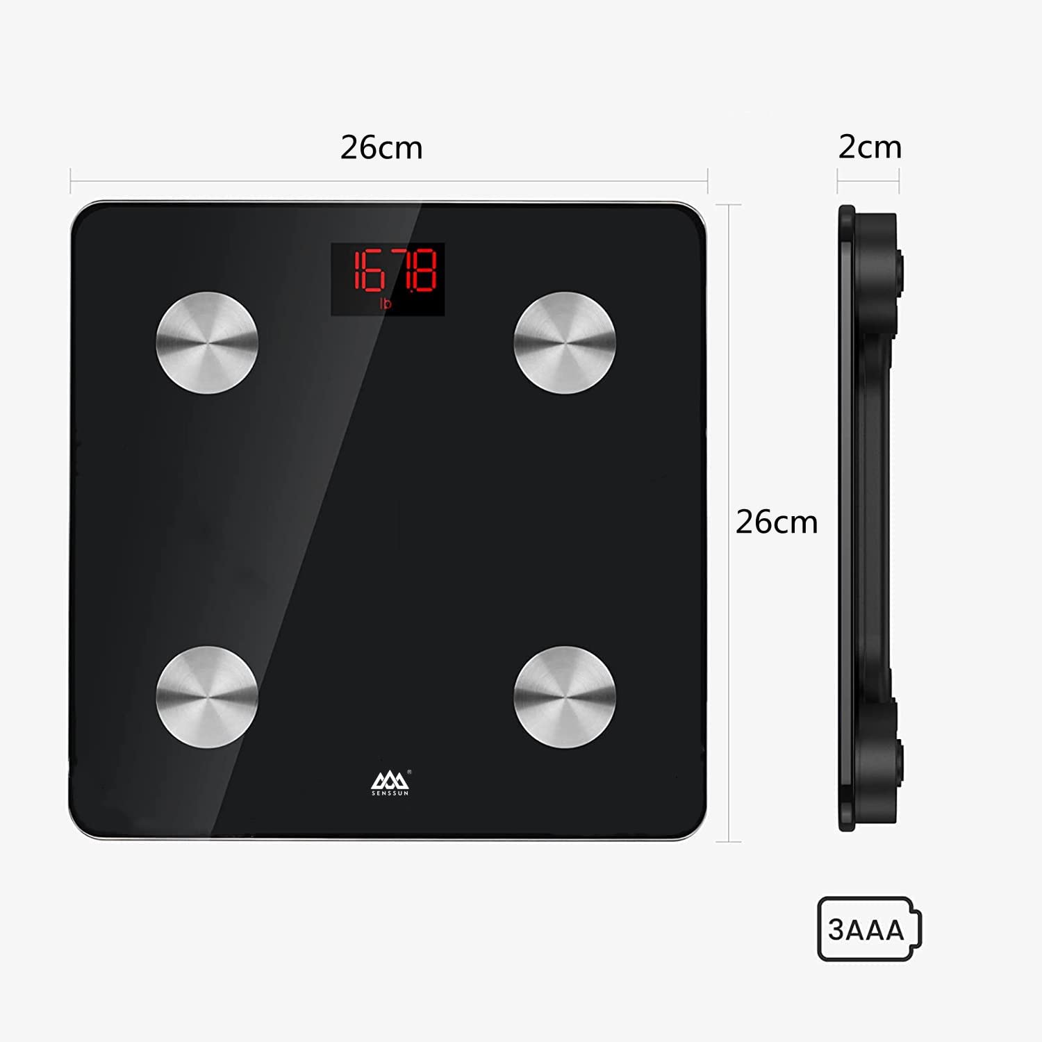 Pèse-personne SENSSUN avec application, pèse-personne intelligente avec analyse corporelle Bluetooth et fonction de composition corporelle, 150 kg/330 LB, 26 x 26 cm, affichage LED (Noir)