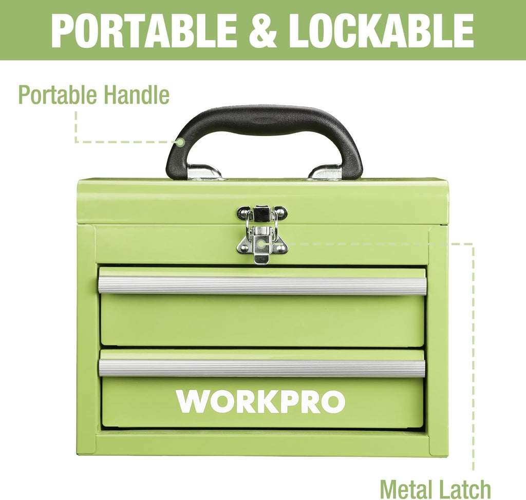 WORKPRO Boîte à outils mini portable en métal, 2 tiroirs, 10,8 x 5,9 x 8,2 pouces - Vert macaron