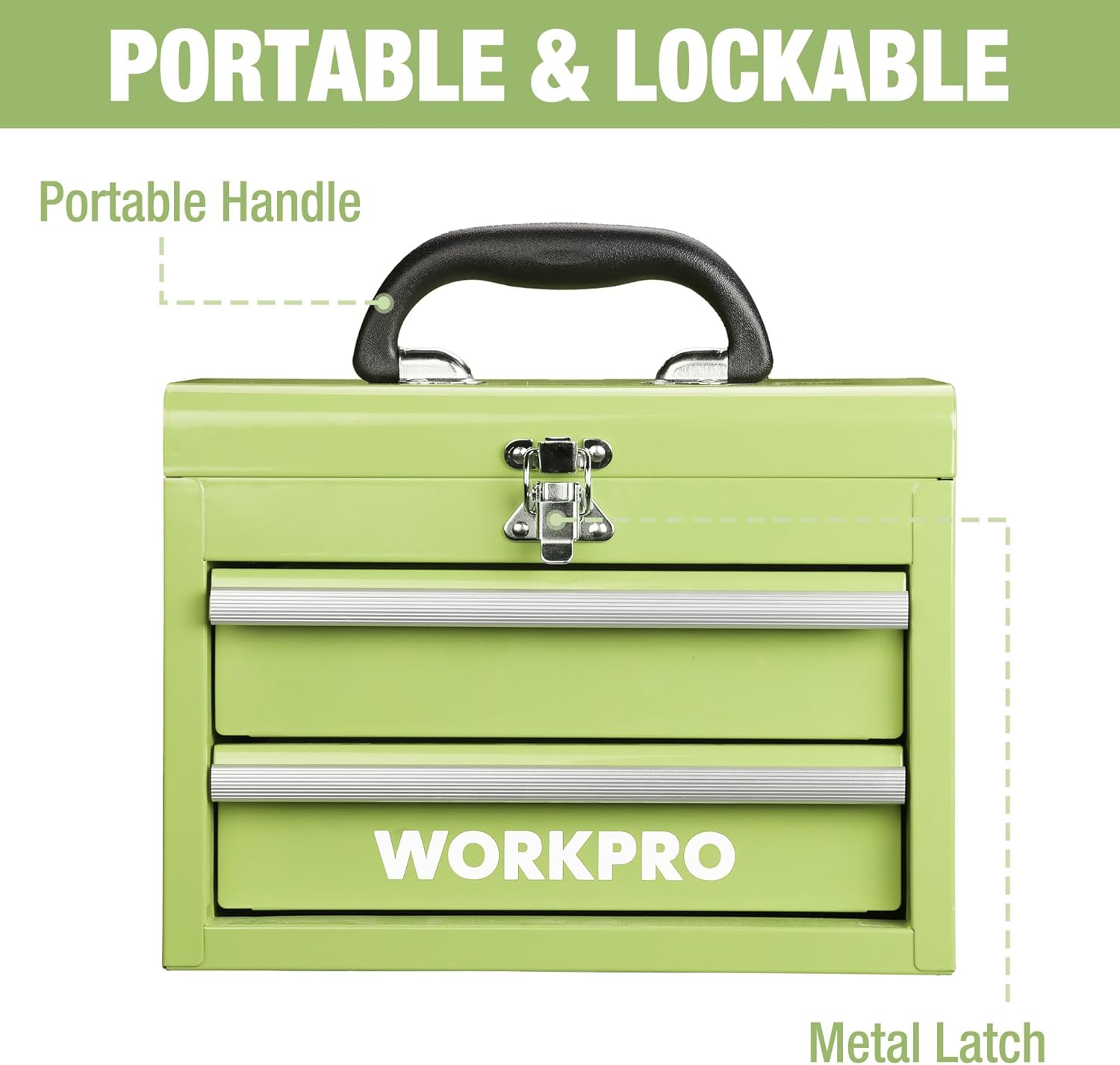 WORKPRO Boîte à outils mini portable en métal, 2 tiroirs, 10,8 x 5,9 x 8,2 pouces - Vert macaron