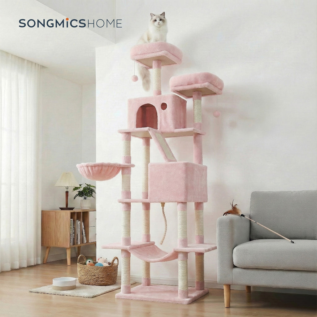 Arbre à chat hauteur 206 cm avec 13 griffoirs, 2 plateformes, 2 niches et panier, hamac, pompon - Rose bonbon