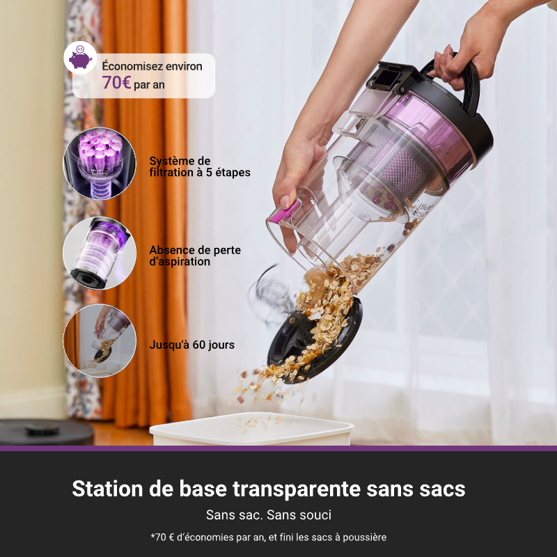 Eureka E20 Plus Aspirateur Robot avec Puissance d'Aspiration de 8000 Pa, Station de Vidage Automatique, Fonction Anti-Emmêlement, Évitement d'Obstacles 3D, Autonomie de 180 Minutes, DuoDetect IA, Noir