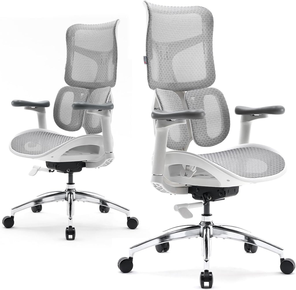 SIHOO Doro S100 Chaise de bureau ergonomique avec double soutien lombaire dynamique, dossier réglable sur 5 positions, accoudoirs coordonnés 4D, angle d’inclinaison max. 135°, convient pour le bureau à domicile, S100 blanc