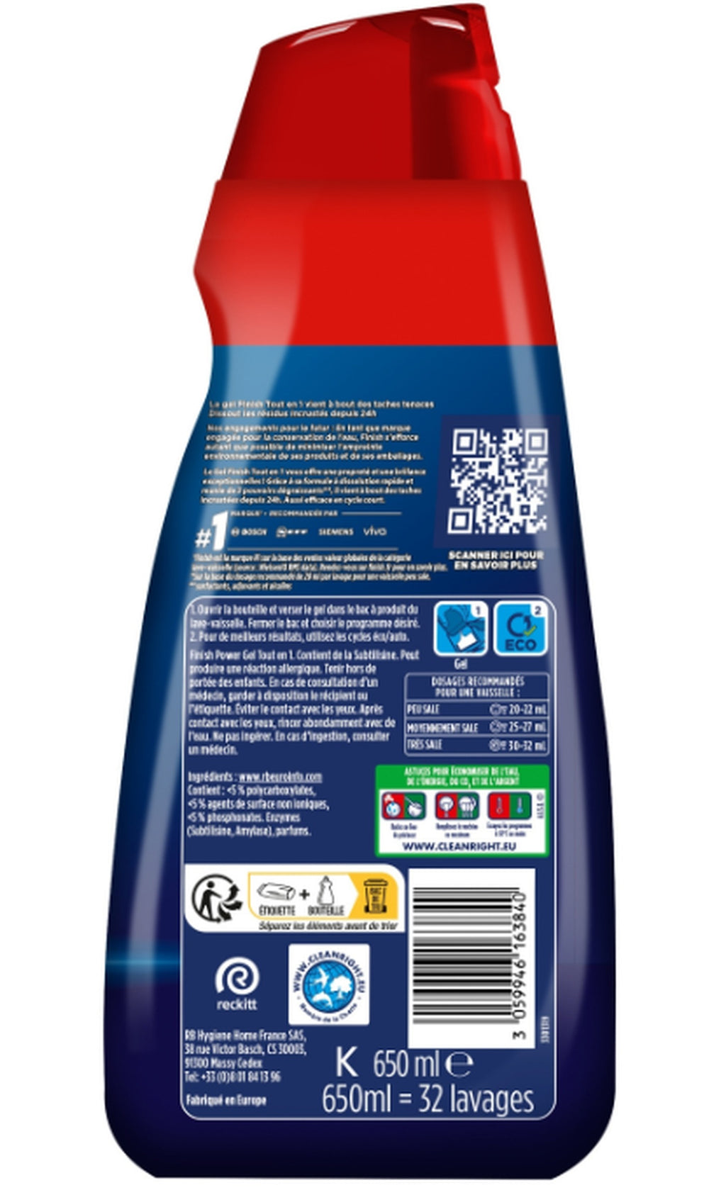 FINISH Gel de Lavage Lave-Vaisselle Sans Parfum 4 x 650 ml (= 2,6 L)
