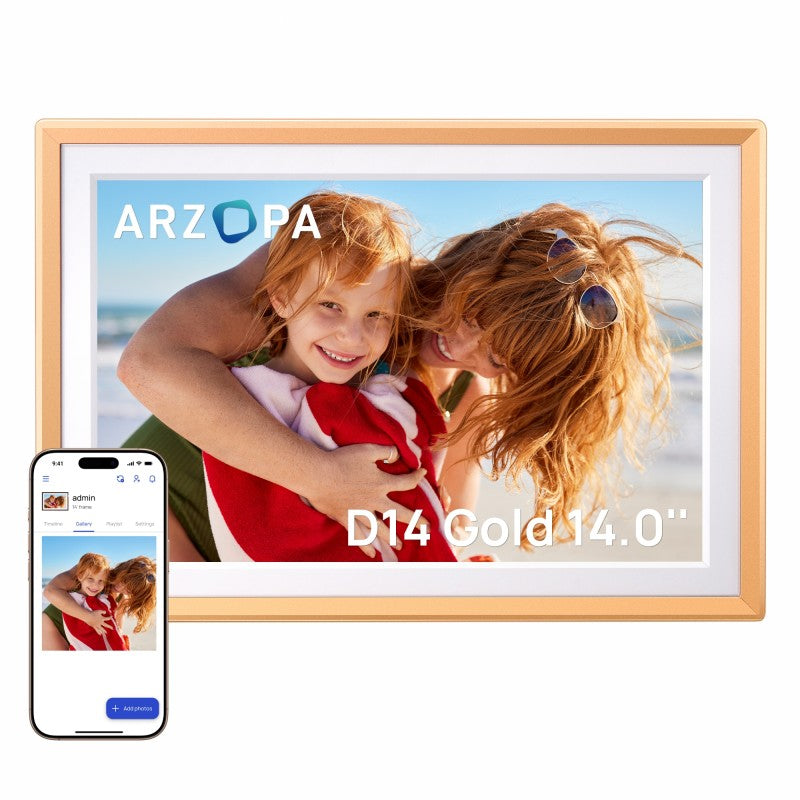 ARZOPA D14 Cadre photo numérique en métal 14 pouces, stockage cloud gratuit, photos et vidéos illimités, partage via application, écran tactile FHD 1920 x 1200, idée cadeau pour la famille