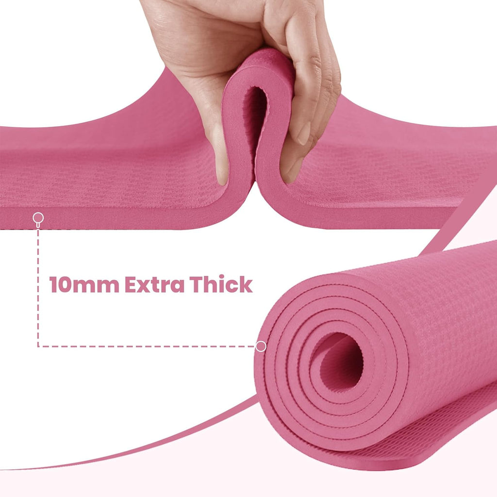 Good Nite Tapis de yoga en TPE épais 10 mm 183x61 cm Tapis d'exercice antidérapant avec sangle de transport, Coussinage supplémentaire pour pilates salle de sport entraînement à domicile, Prune