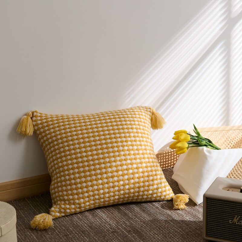 MEROPE, Housse de coussin en acrylique tricoté/gaufré, 50x50 cm, jaune/blanc, 1 pack