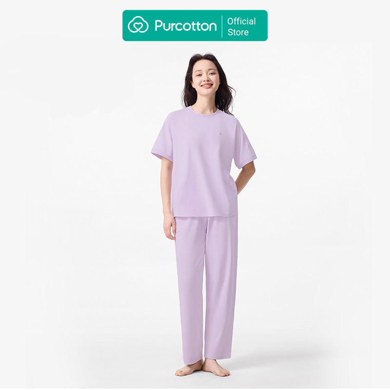 Purcotton Ensemble de loungewear en tricot antibactérien pour femme - Ensemble de pantalon long - Confortable et respectueux de la peau - Style reposant et décontracté