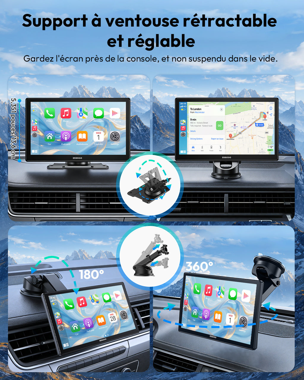 ESSGOO Écran intelligent automobile portable sans fil 9 pouces, CarPlay sans fil et Android Auto avec affichage fluide 60 i/s, Grand écran IPS HD 1024 x 600, Bluetooth, Wi-Fi