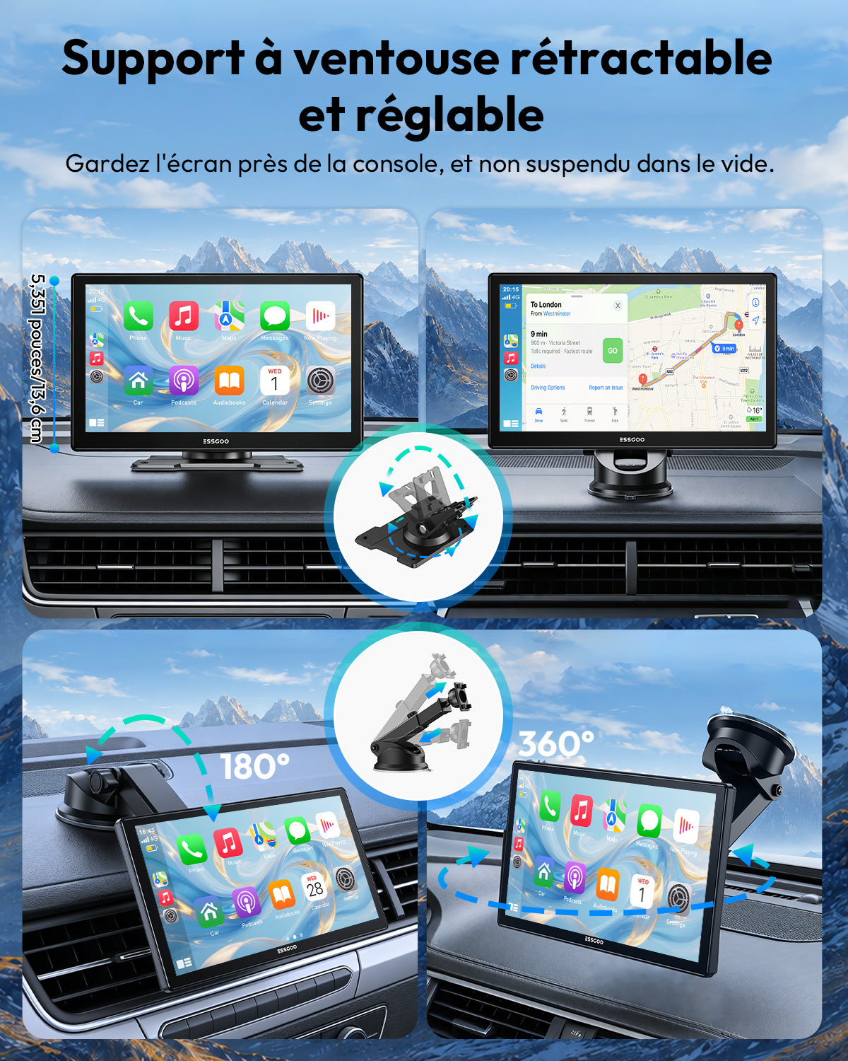 ESSGOO Écran intelligent automobile portable sans fil 9 pouces, CarPlay sans fil et Android Auto avec affichage fluide 60 i/s, Grand écran IPS HD 1024 x 600, Bluetooth, Wi-Fi