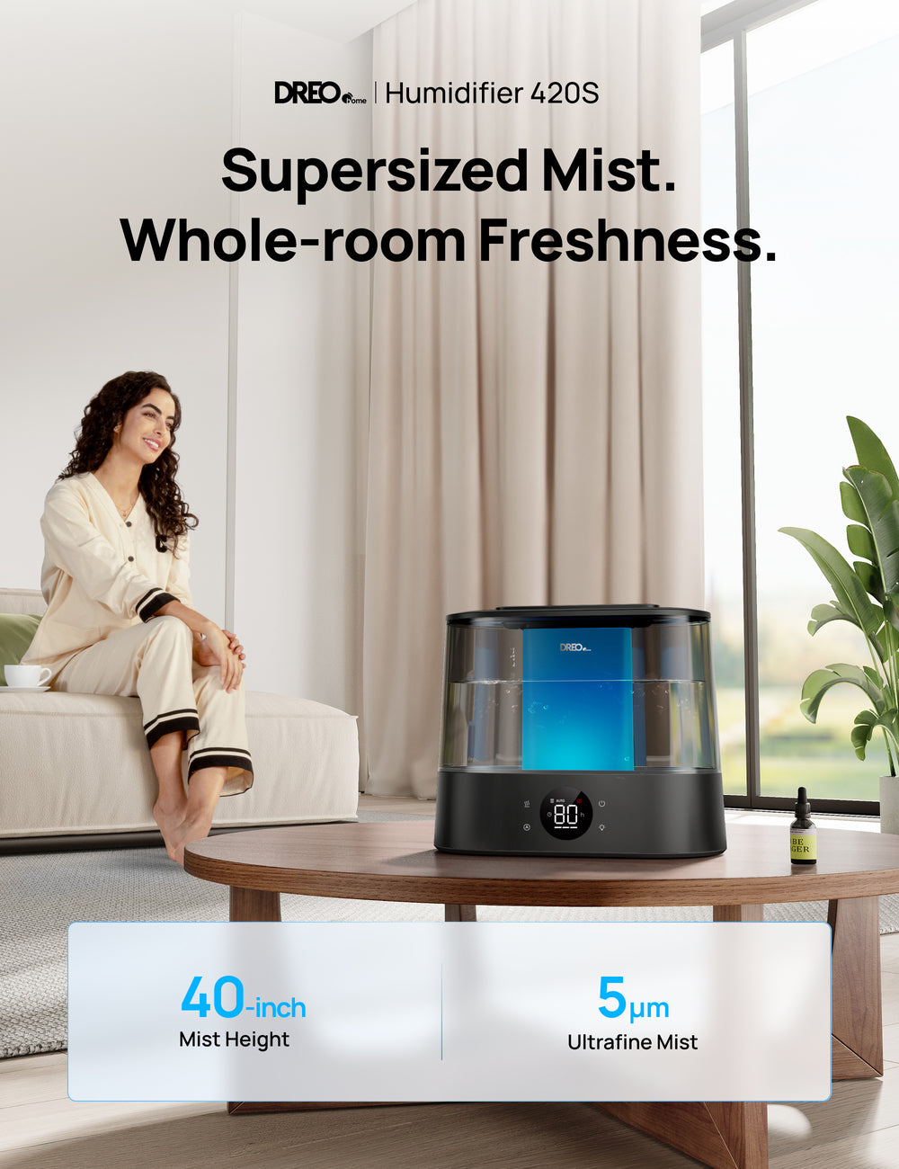 DREO Humidificateur ultrasonique intelligent – Réservoir d’eau 4 L, Autonomie 30 h, Contrôle intelligent par application, 6 niveaux de brume, Ultra-silencieux, Diffuseur d’arômes