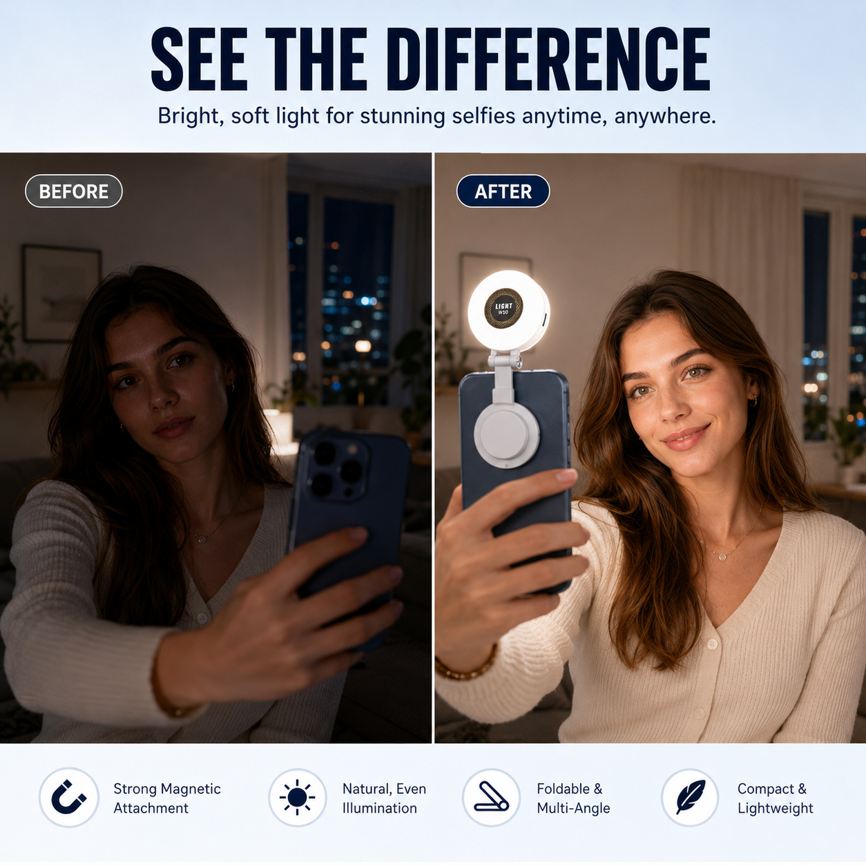 VoxorAI M28 Lampe d’appoint blanche – Solution d’éclairage pour selfie avec miroir et fixation magnétique. Qualité CRI95+, éclairage LED à 360°