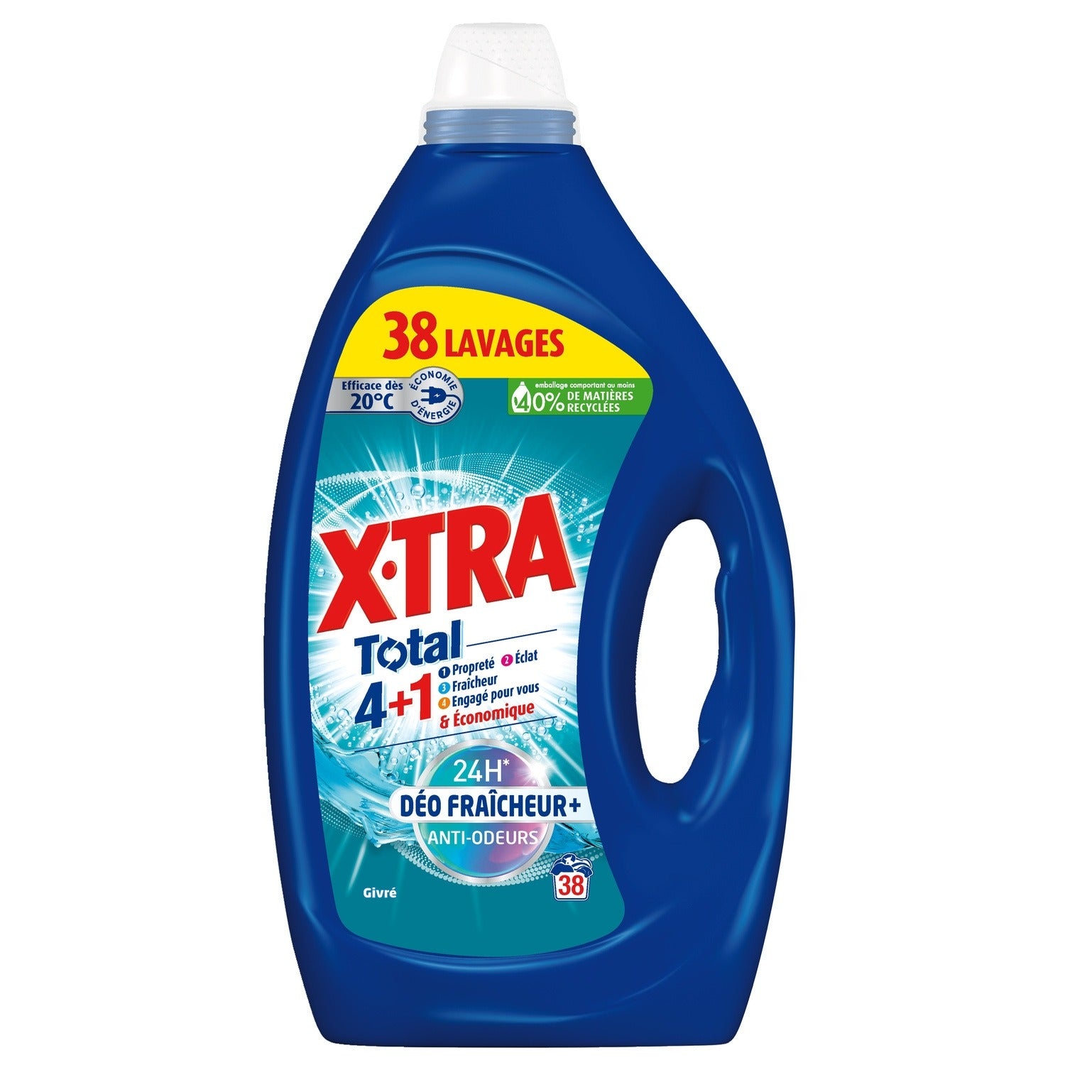 X-TRA Total 4+1 Lessive Liquide, Fraîcheur Anti-Odeurs, Iced, 38 Lavages, 1,71 L