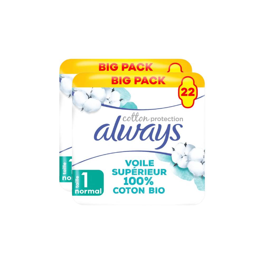 Always Serviettes Hygiéniques Protection Coton Taille 1 Normal Paquet de 44 Serviettes (2 Paquets de 22)