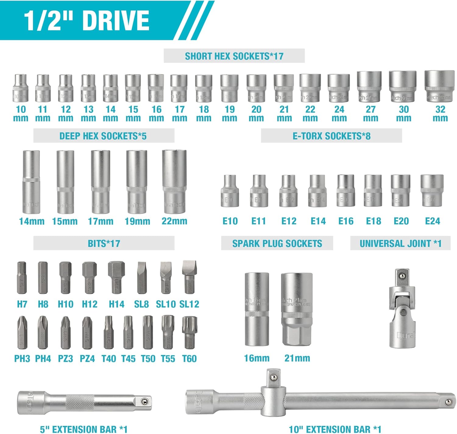 Jeu de 108 douilles avec clés à cliquet et embouts S2, clé à cliquet à libération rapide, boîte de transport, douilles en Cr-V, embouts S2, joints universels, barres d'extension