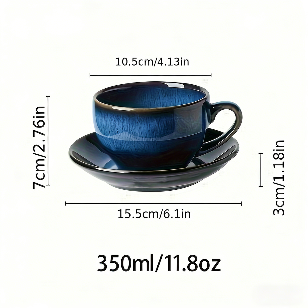 YumiPLUS Mug à café bleu rétro avec soucoupe, lot de 1