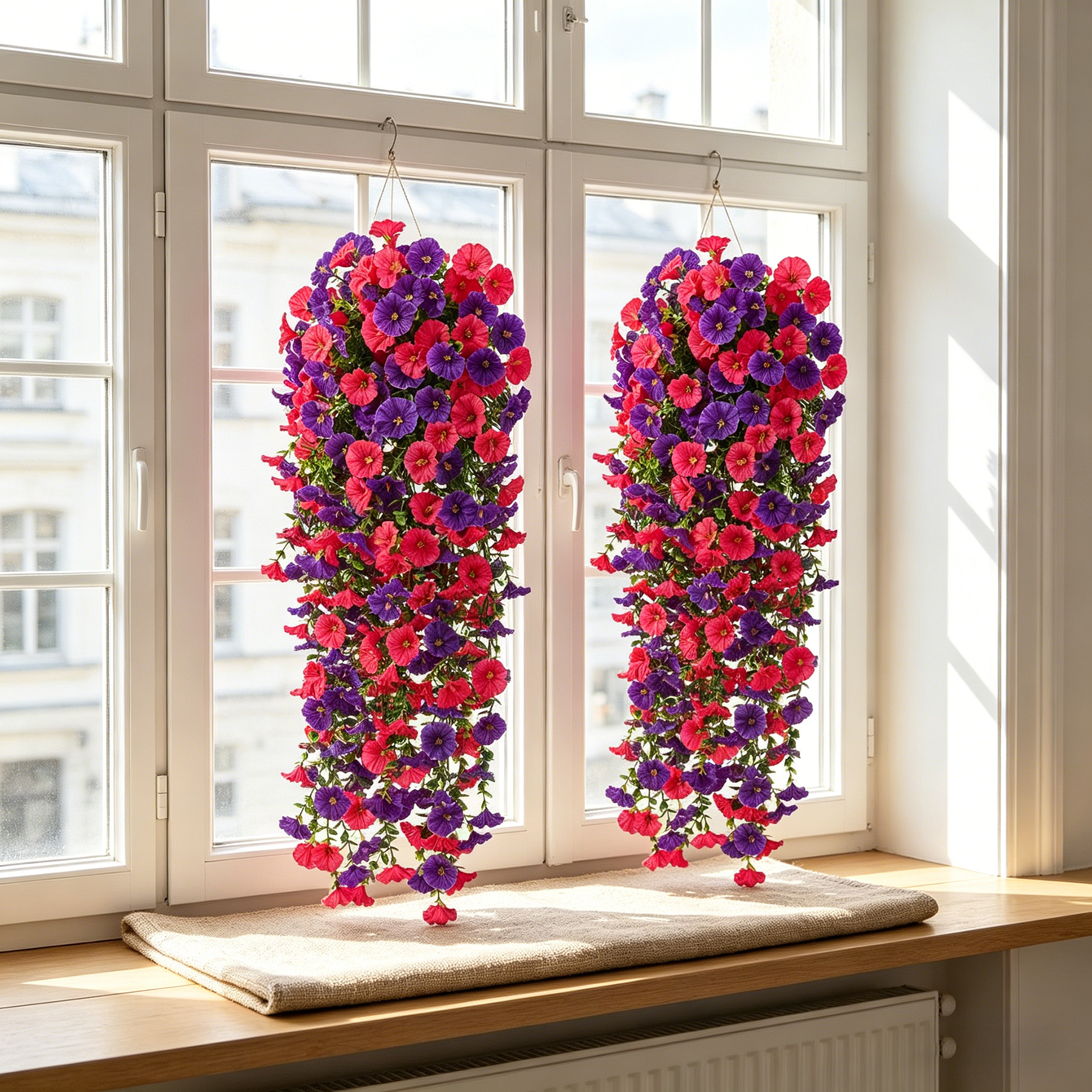 Yuejia 4 pièces 30 po/76 cm Fleurs artificielles pour extérieur, Fleurs suspendues artificielles pour extérieur Fleurs suspendues réalistes Fleurs de pétunia artificielles en soie pour
