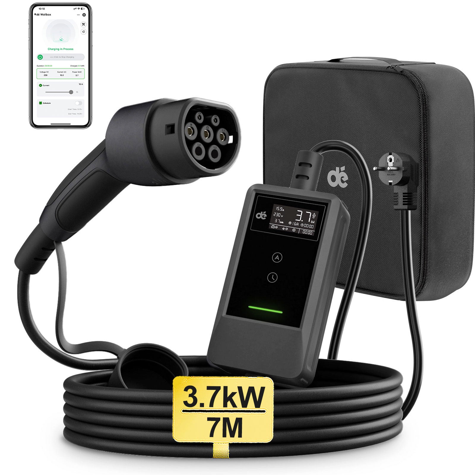 dé Chargeur EV 3,7 kW avec application 7 m 6–16 A réglable Type 2 Schuko Chargeur de voiture électrique Plug & Play avec écran LCD, IP66, et DDR Type A 30 mA AC + 6 mA DC, Câble de charge de voiture électrique pour EV/PHEV, Noir