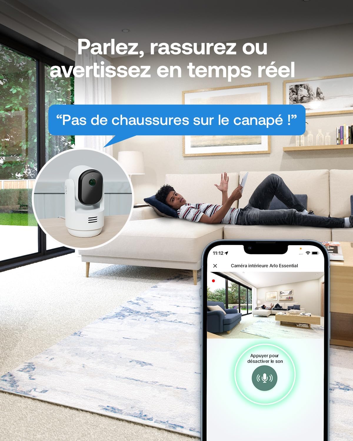 Arlo VMC3273-100EUS Caméra de Sécurité Intérieure WiFi Essential 3 2K PTZ, Kit de 2 caméras, Rotation à 360°, Détection par IA, Compatible avec Alexa, Blanc