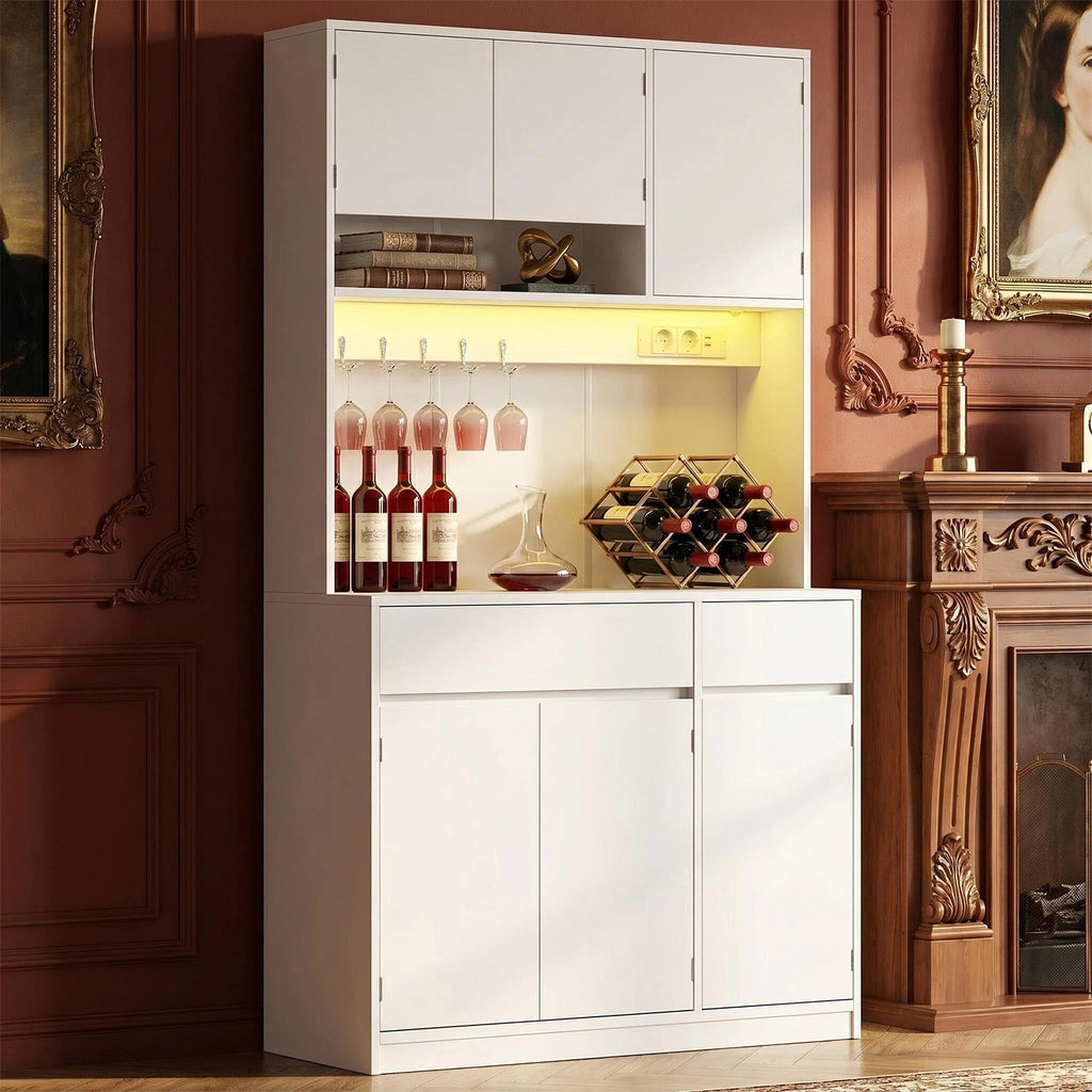 HaluPeit Meuble de cuisine, Buffet, Commode de cuisine avec prises et bandes lumineuses LED, avec plans de travail et 2 tiroirs, étagères réglables, cuisine, 40 x 100 x 180 cm, blanc