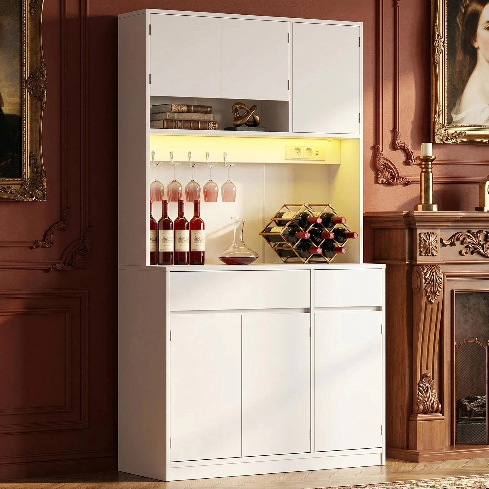 HaluPeit Meuble de cuisine, Buffet, Commode de cuisine avec prises et bandes lumineuses LED, avec plans de travail et 2 tiroirs, étagères réglables, cuisine, 40 x 100 x 180 cm, blanc