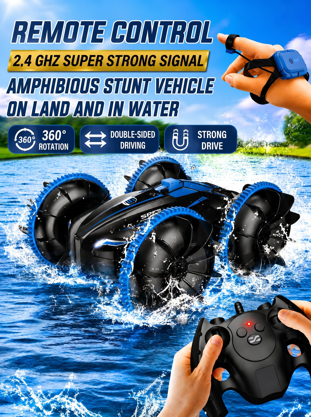 Voiture de Cascade RC 4WD Gestuelle, Double Télécommande 2,4 g, Voiture Tout-Terrain Drift Pivotement 360° Montée, Cadeau Jouet pour Enfants Garçons, Lot de 1 Bleu