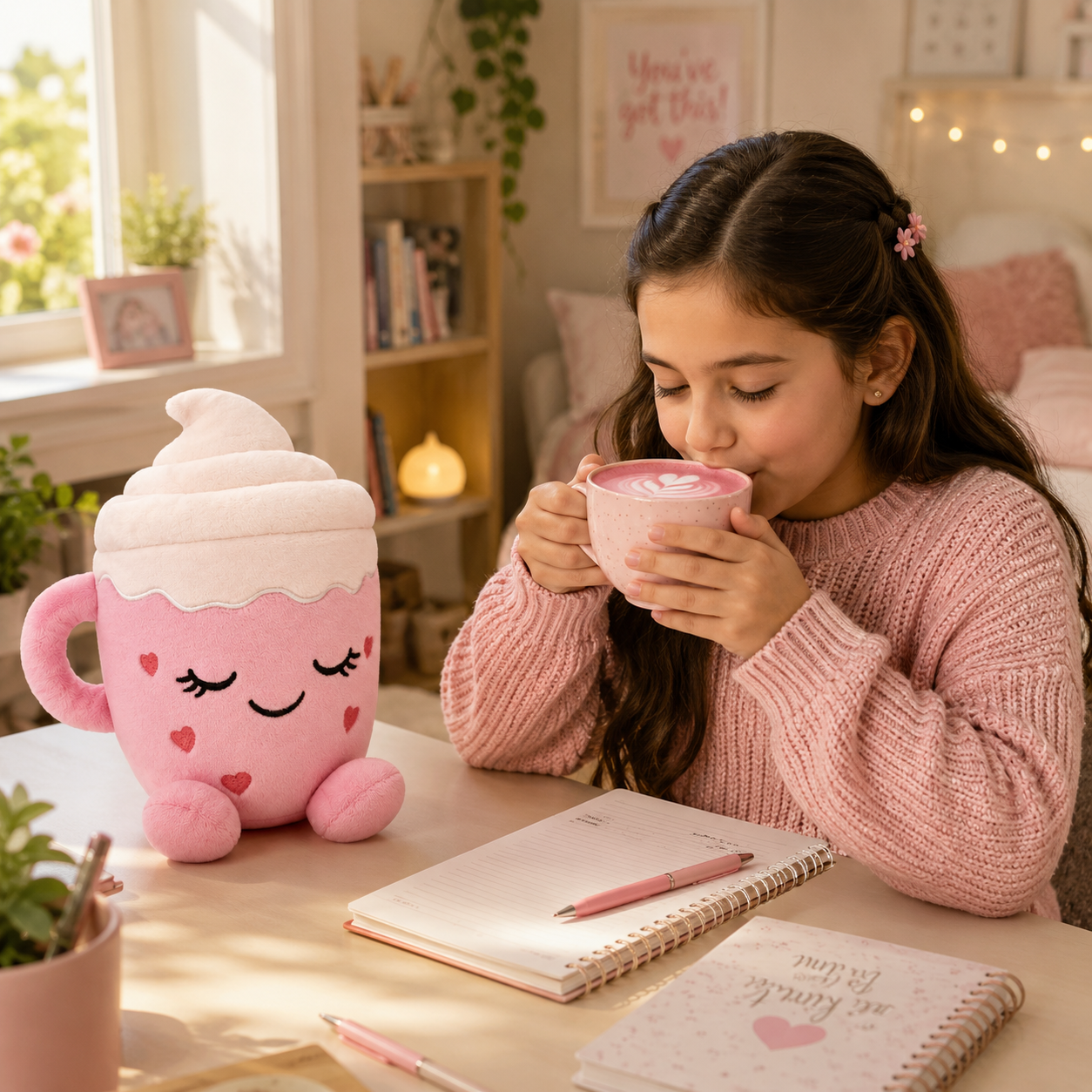Flooffees Mug en peluche rose de Londres – Jouet en peluche mignon et doux avec nappage à la crème fouettée, 25 cm, compagnon de bureau câlin, décoration pour chambre et cadeau pour enfants