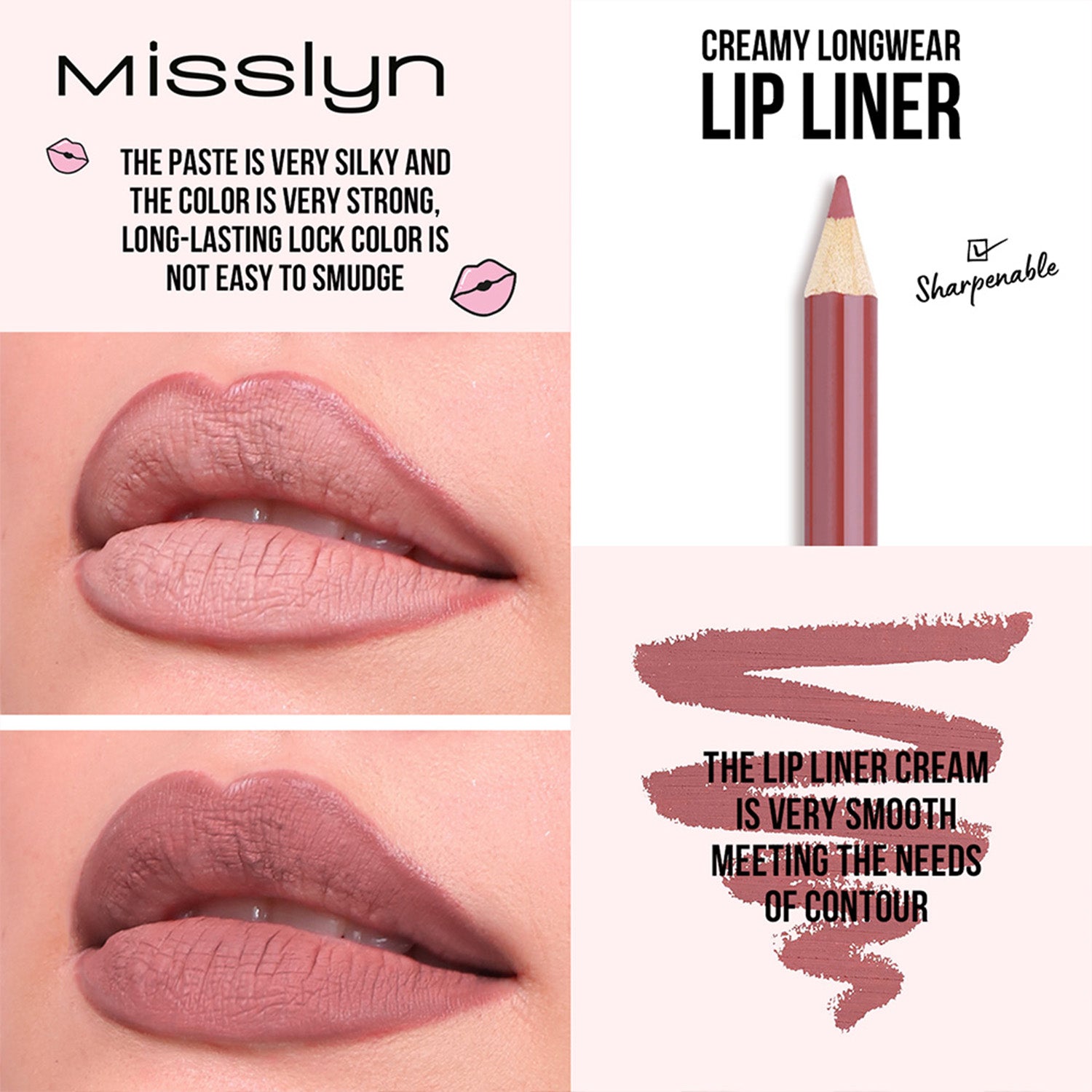 Misslyn Love yourself Set de crayons à lèvres mats, 7 pièces, Taille-crayon intégré, Longue tenue haute pigmentation, Crayon à lèvres lisse ultra-fin