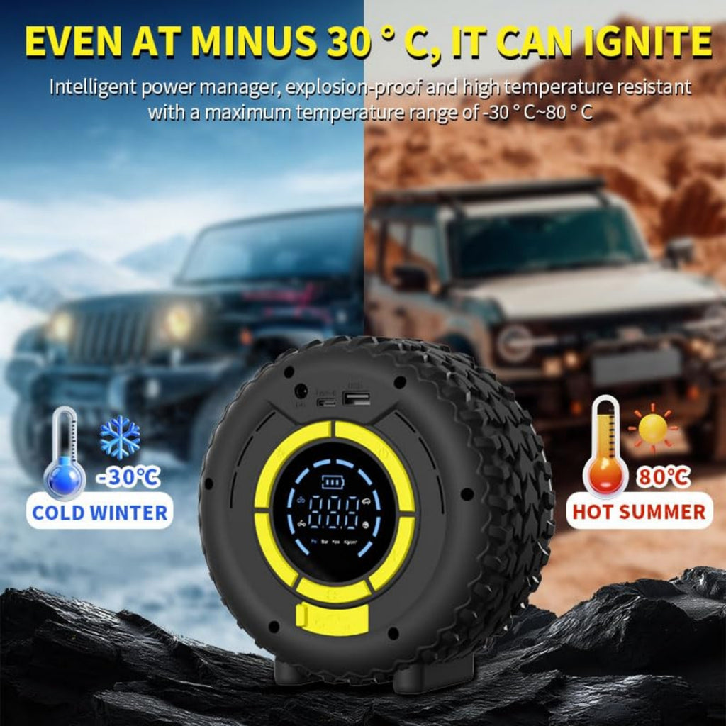 COCCKO Démarreur de batterie de voiture avec gonfleur 150 PSI, compresseur de secours 120 W, 4 modes intelligents, écran LCD, éclairage LED et mode SOS